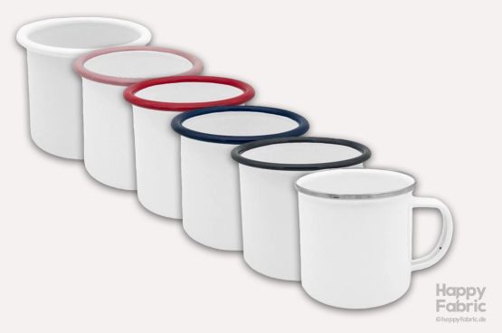 Weiße Emaille-Tasse mit farbigem Rand